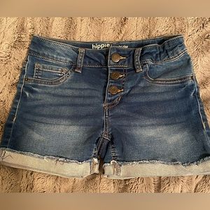 Hippie Girl regular rise midi dark wash shorts. Size 10